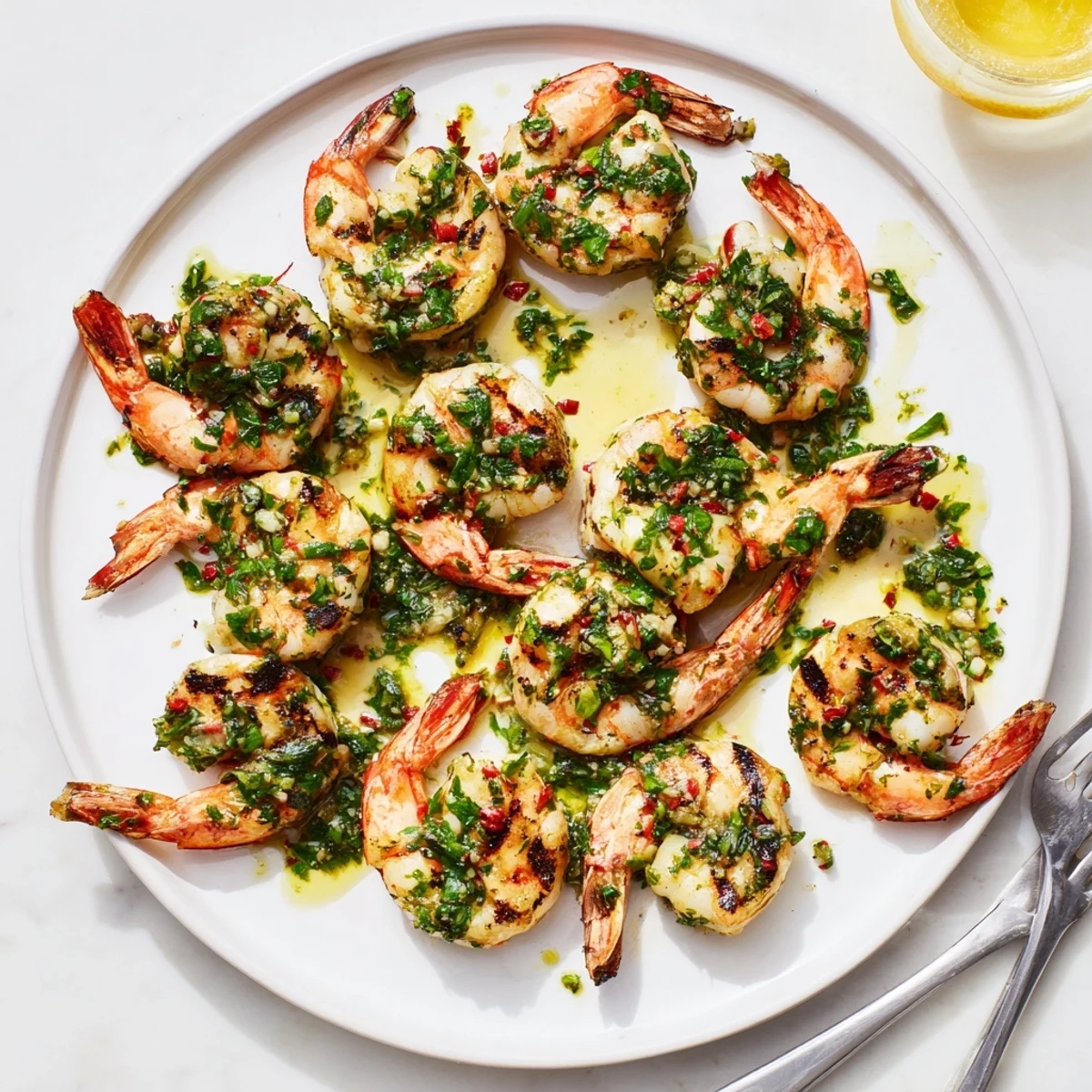 Charred chimichurri shrimp skewers garnished with cilantro served on a rustic wooden board