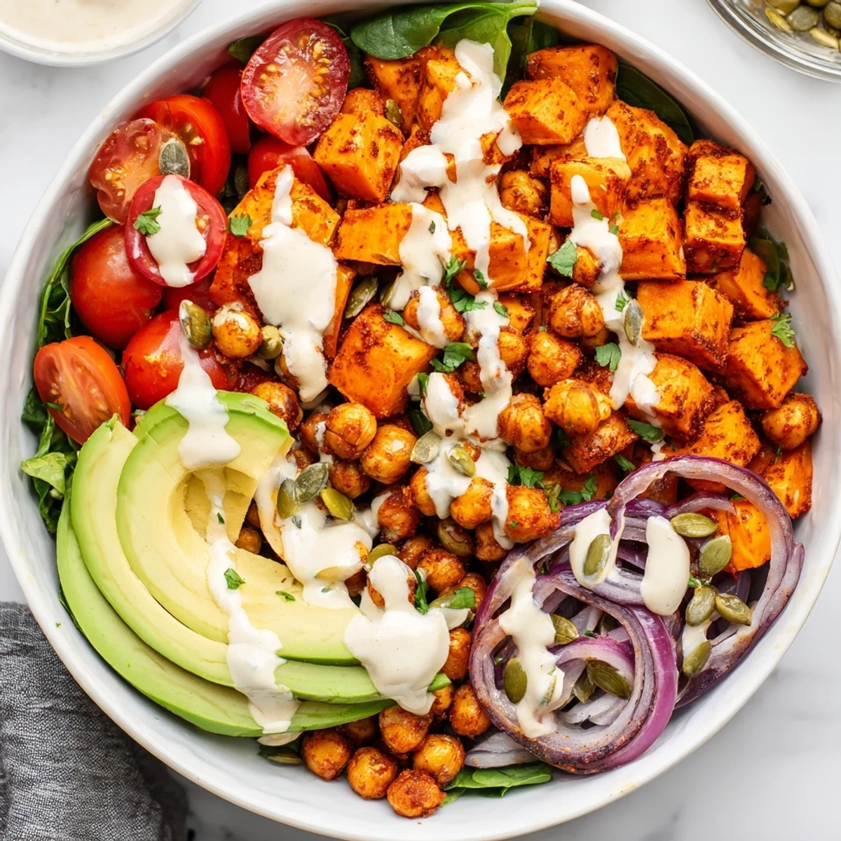 Sweet Potato Chickpea Bowl with creamy tahini drizzle and golden roasted vegetables