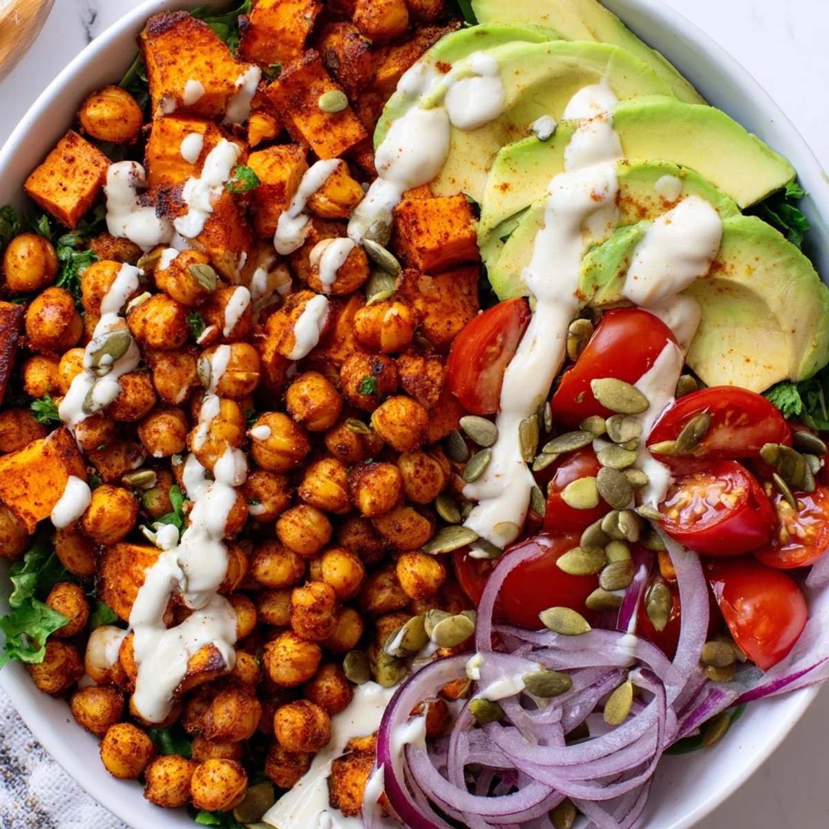 Crispy chickpeas and caramelized sweet potatoes nestled over fresh leafy greens