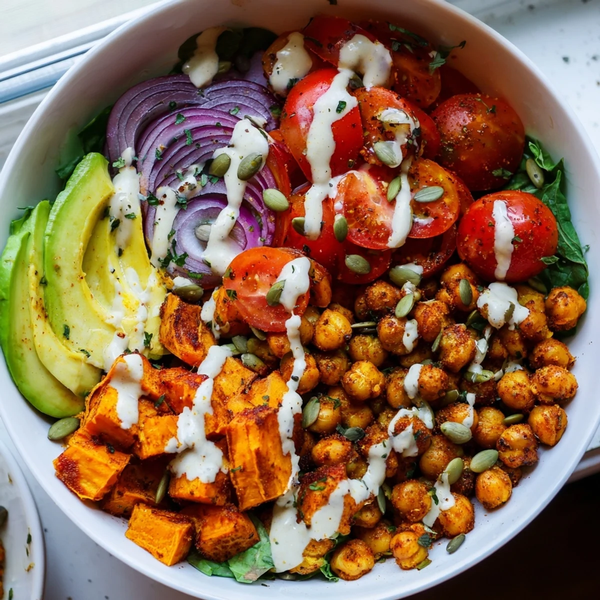 Colorful Sweet Potato Chickpea Bowl topped with sliced avocado and zesty dressing