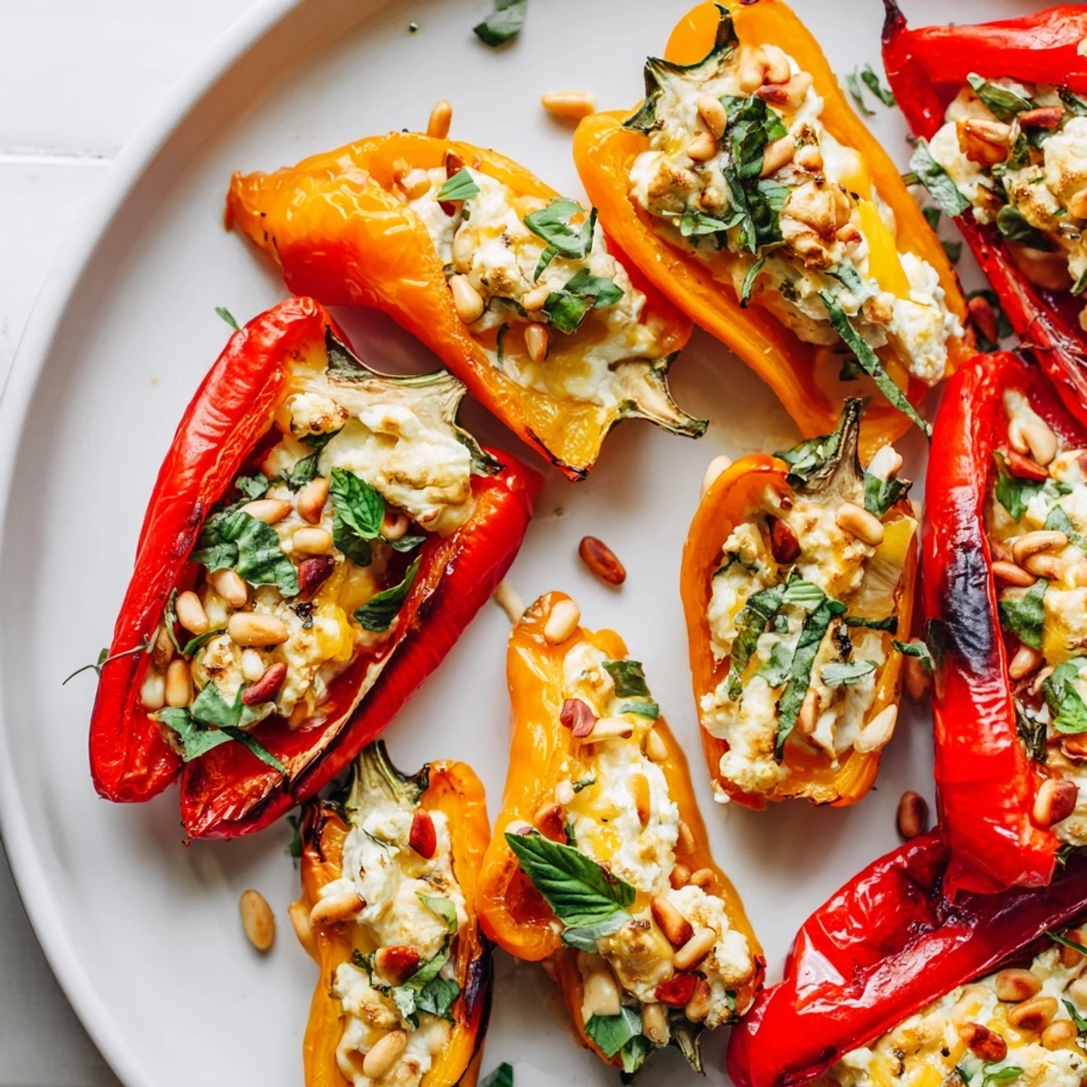 Roasted goat cheese stuffed mini peppers glistening with olive oil on a rustic baking sheet