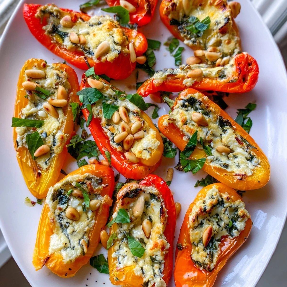 Creamy roasted goat cheese stuffed mini peppers arranged on a white platter for an elegant appetizer