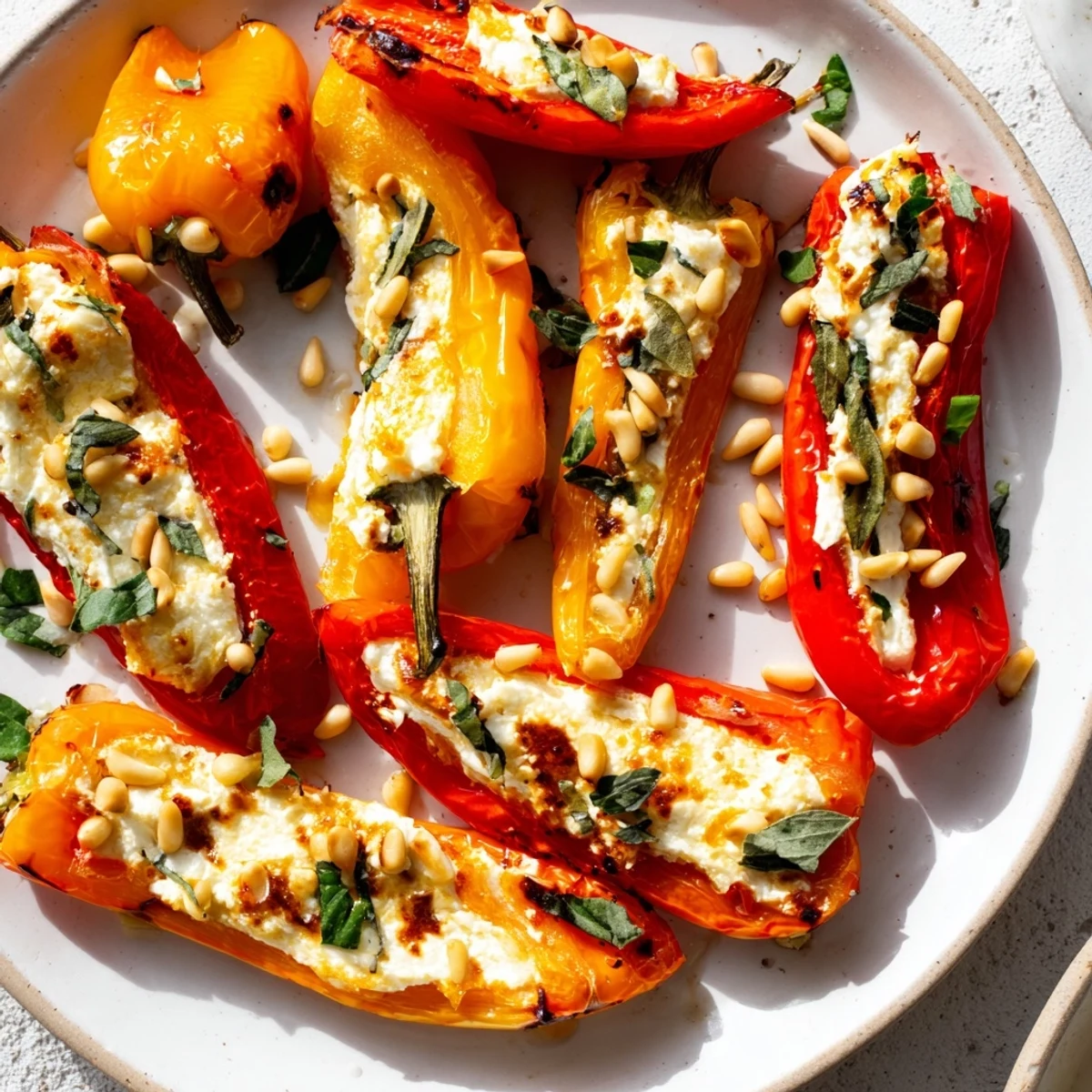 Golden roasted goat cheese stuffed mini peppers topped with toasted pine nuts and fresh herbs