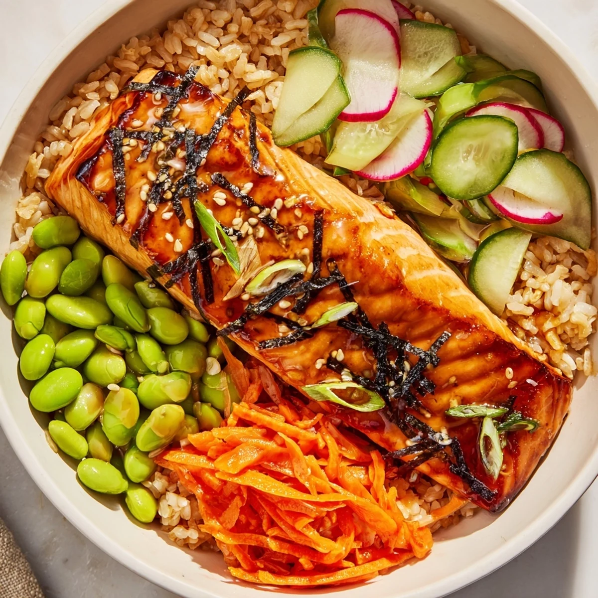 Hearty miso salmon grain bowl featuring caramelized glaze and colorful crisp toppings