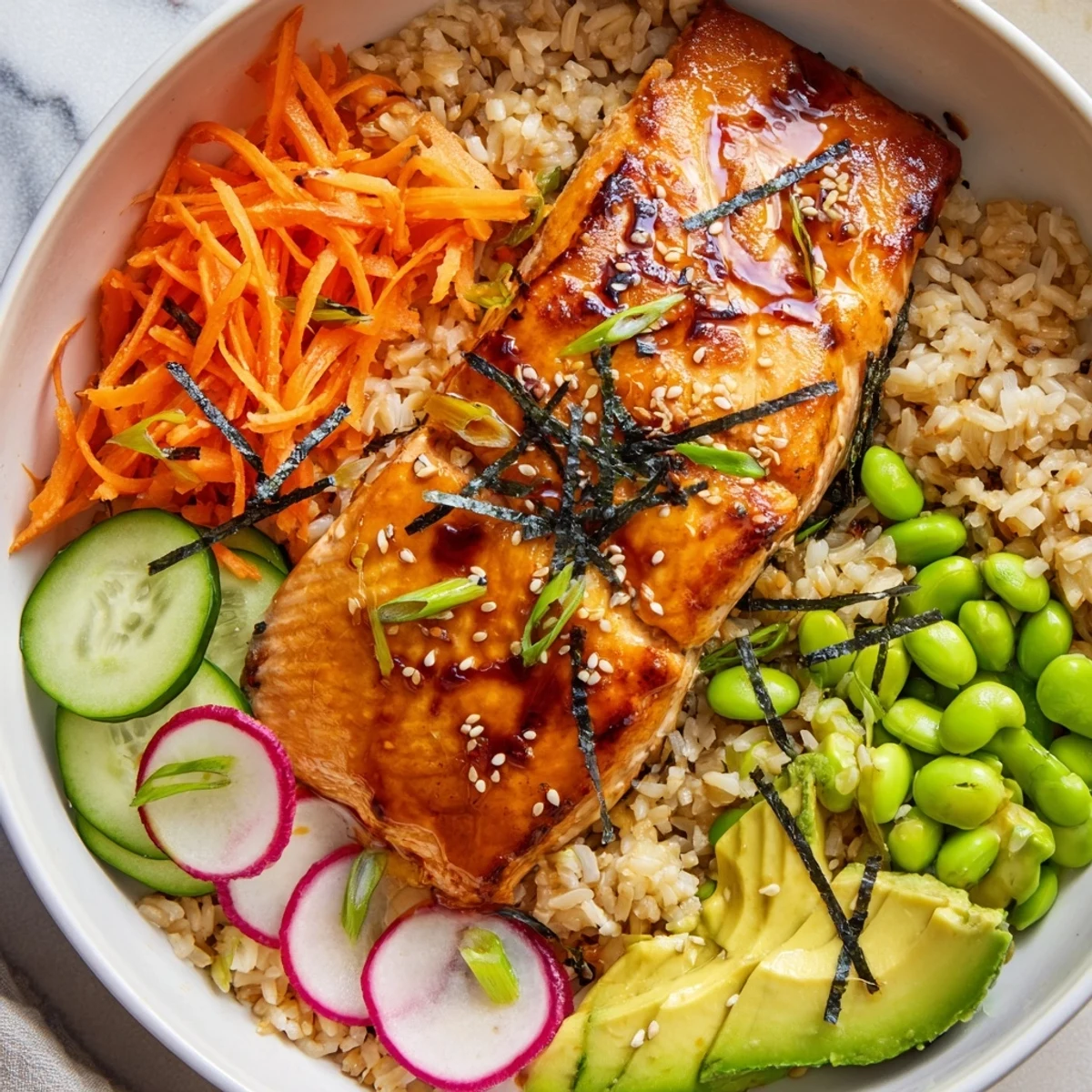 Flaky miso salmon grain bowl topped with vibrant vegetables and sesame seeds