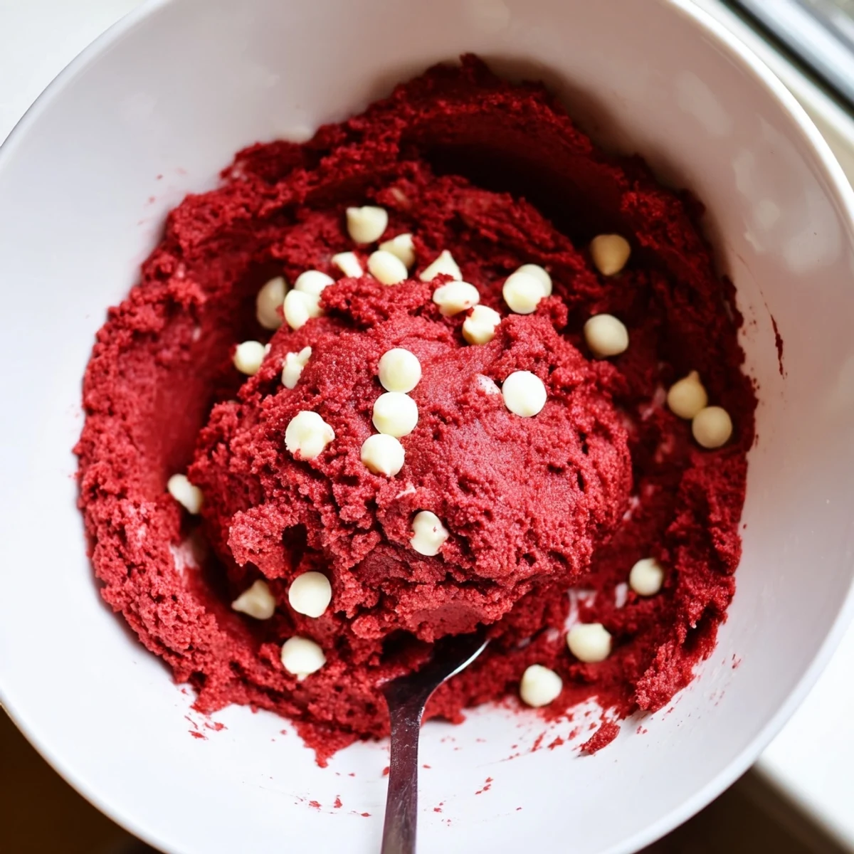 Vibrant red velvet cookie dough scooped into a bowl with white chocolate chips