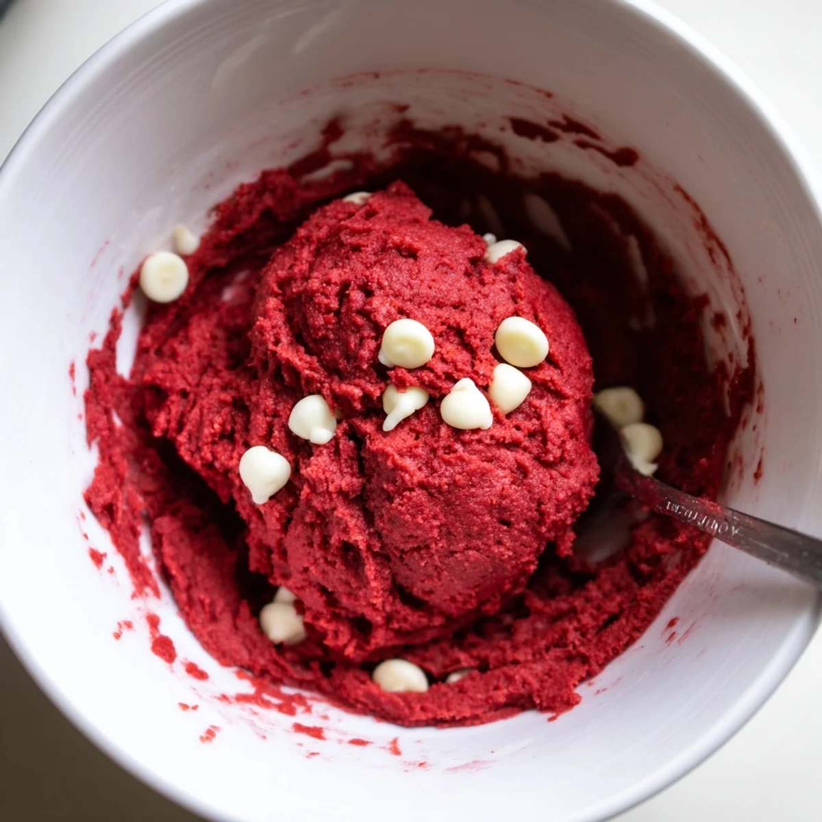 Creamy red velvet cookie dough rolled into bite-sized balls on parchment paper