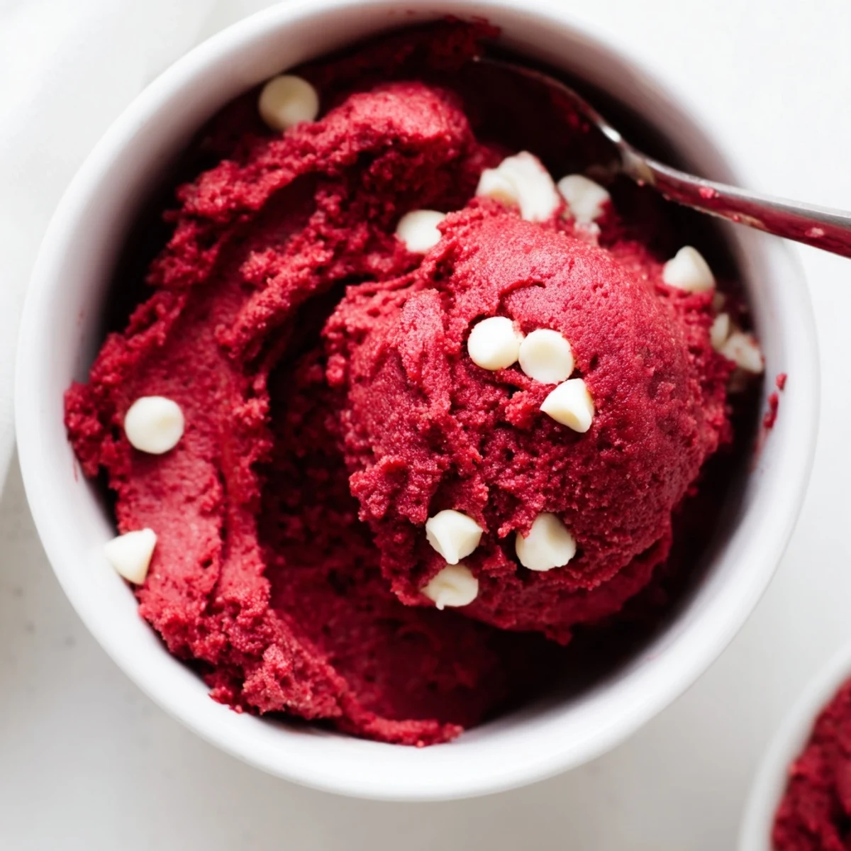 Rich red velvet cookie dough studded with mini white chocolate chips ready to serve