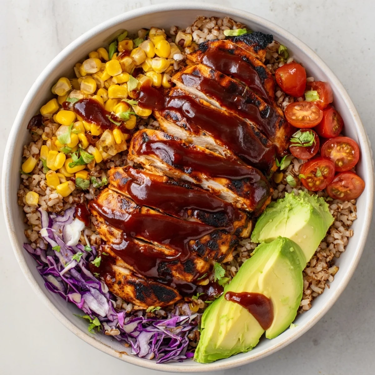 Smoky barbecue chicken grain bowl topped with fresh avocado and colorful vegetables