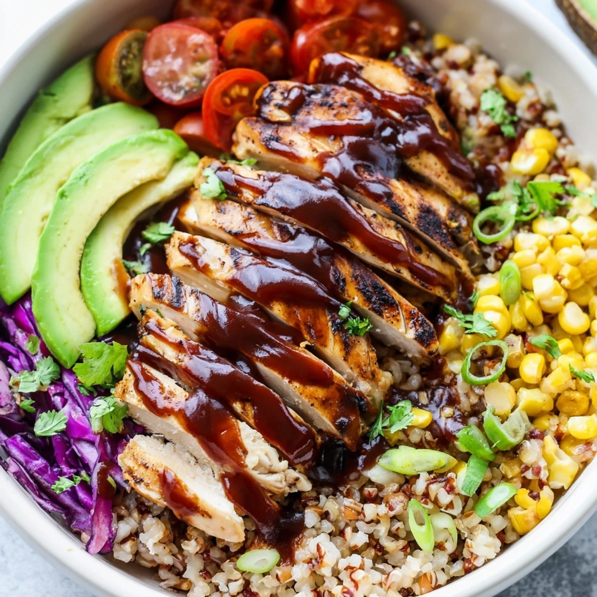 Juicy glazed barbecue chicken grain bowl drizzled with sauce and sprinkled cilantro