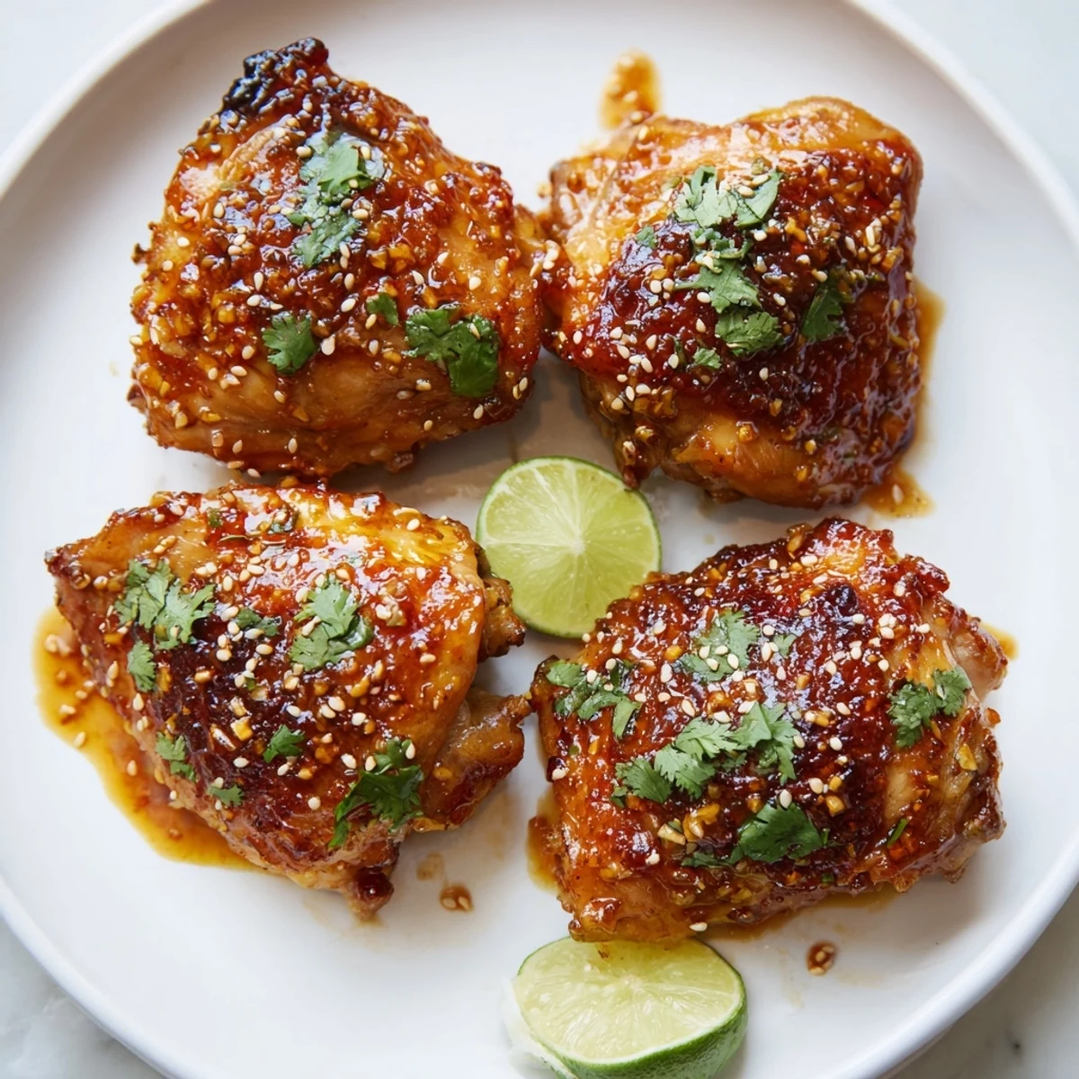 Juicy sweet chili air fryer chicken thighs garnished with sesame seeds and cilantro