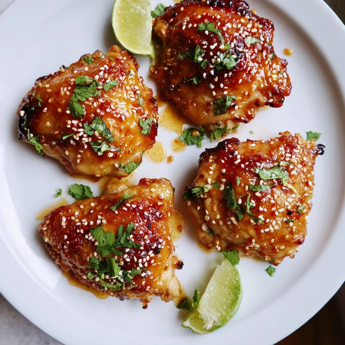 Golden sweet chili air fryer chicken thighs served on a plate with lime wedges