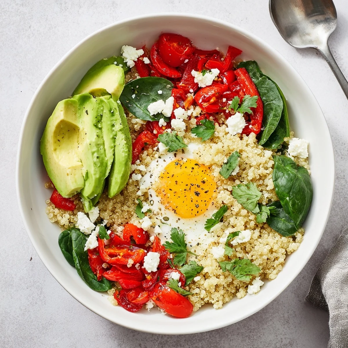 Savory Quinoa Breakfast Bowl topped with sautéed vegetables and a golden fried egg
