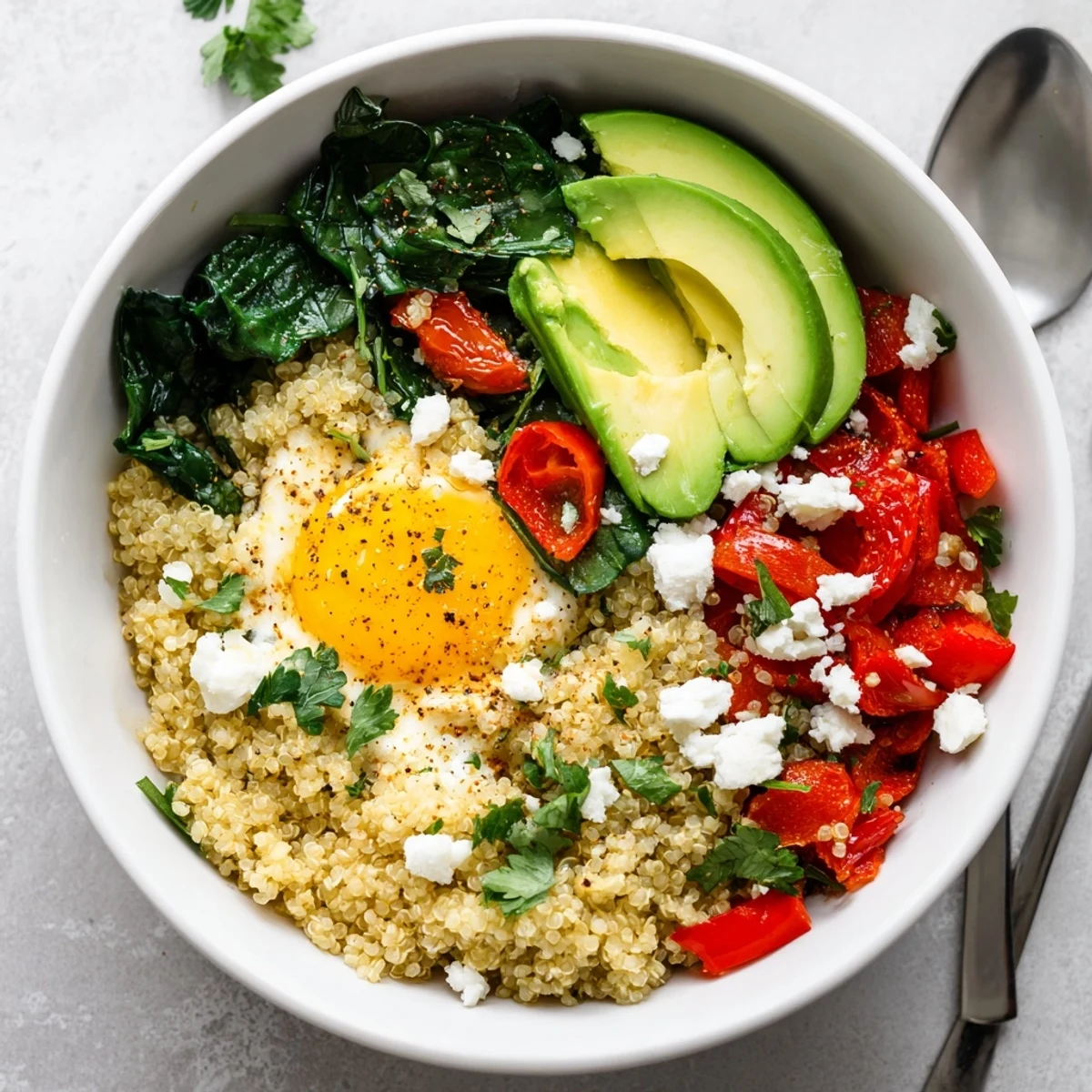 Warm Savory Quinoa Breakfast Bowl with creamy avocado, feta, and wilted spinach