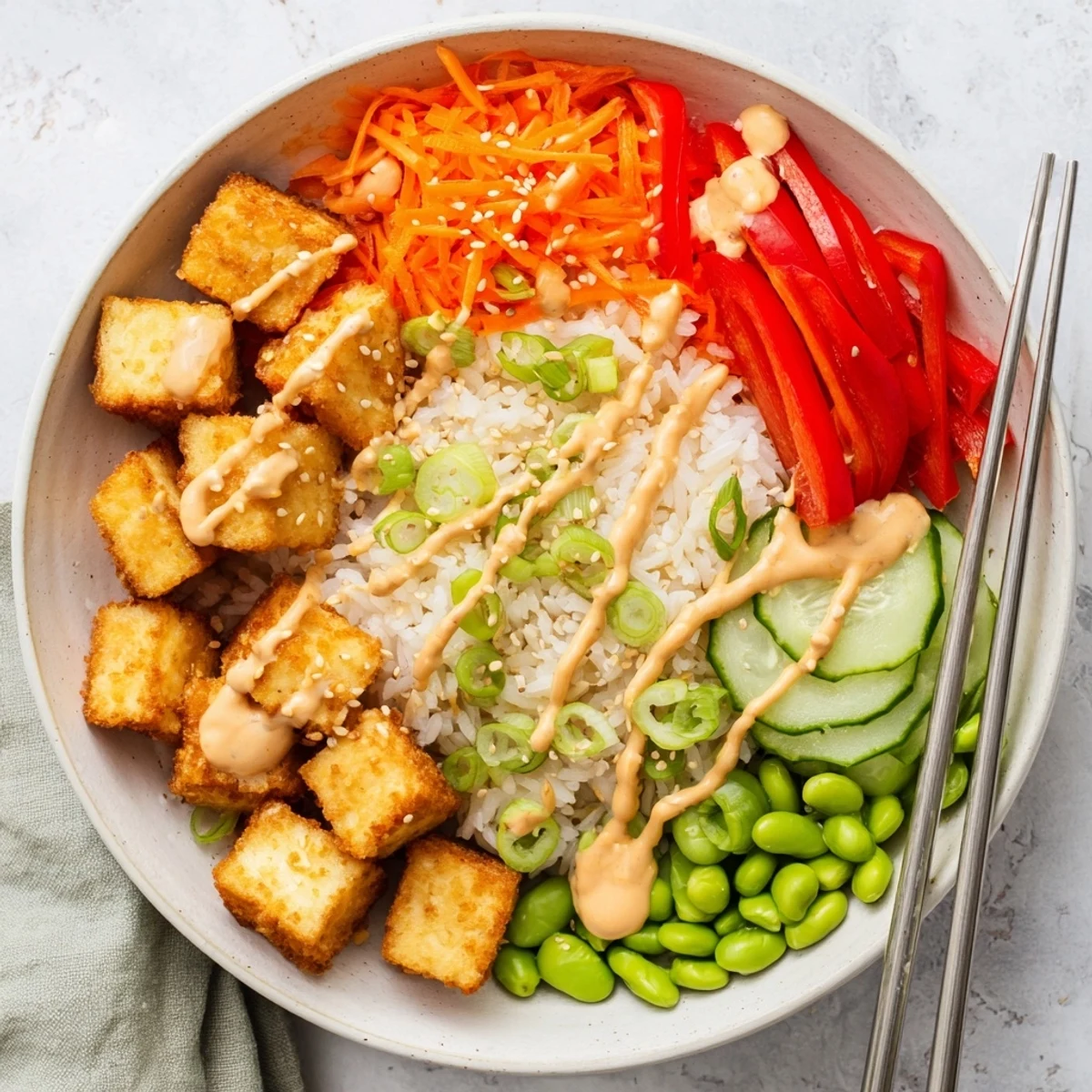 Steaming tofu rice bowl with creamy peanut sauce topped with sesame seeds and julienned carrots