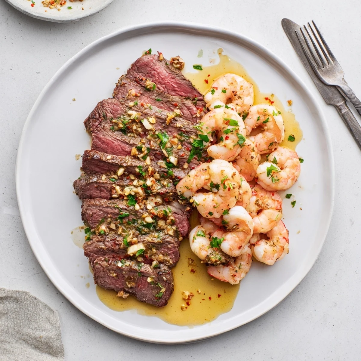 Perfectly seared ribeye steak topped with garlic butter shrimp drizzled in lemon herb sauce