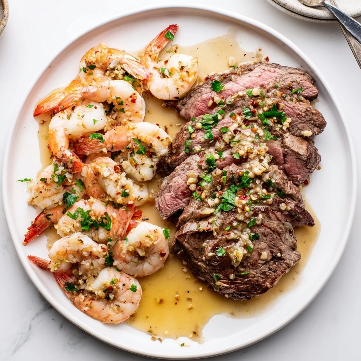 Juicy steak and garlic butter shrimp sizzling in a cast iron skillet with parsley garnish