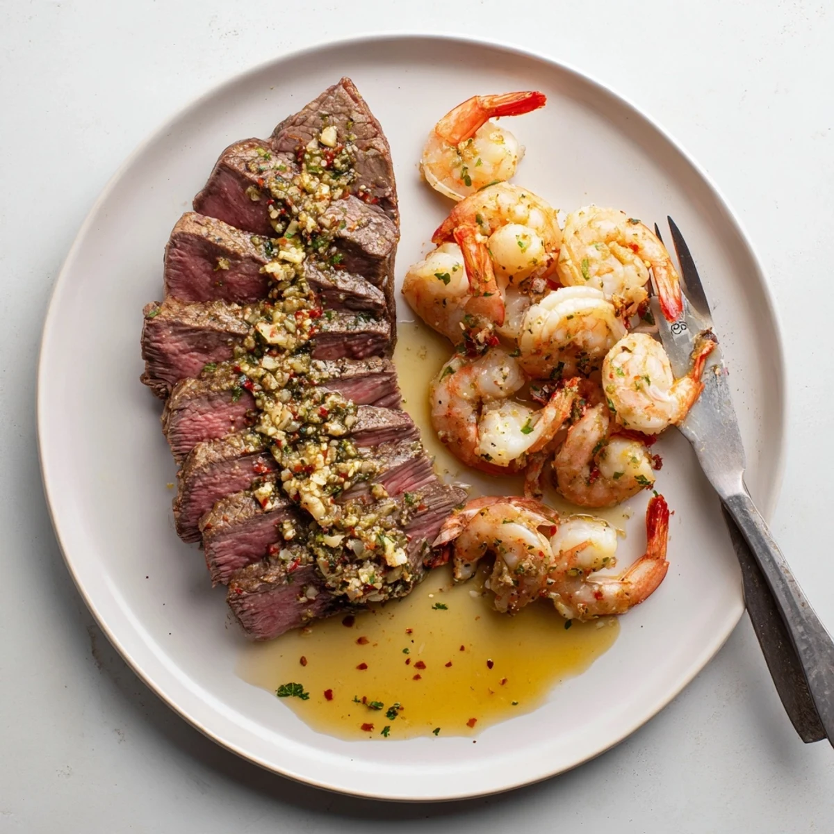 Golden pan-seared steak and garlic butter shrimp plated on rustic white dinnerware with melted butter
