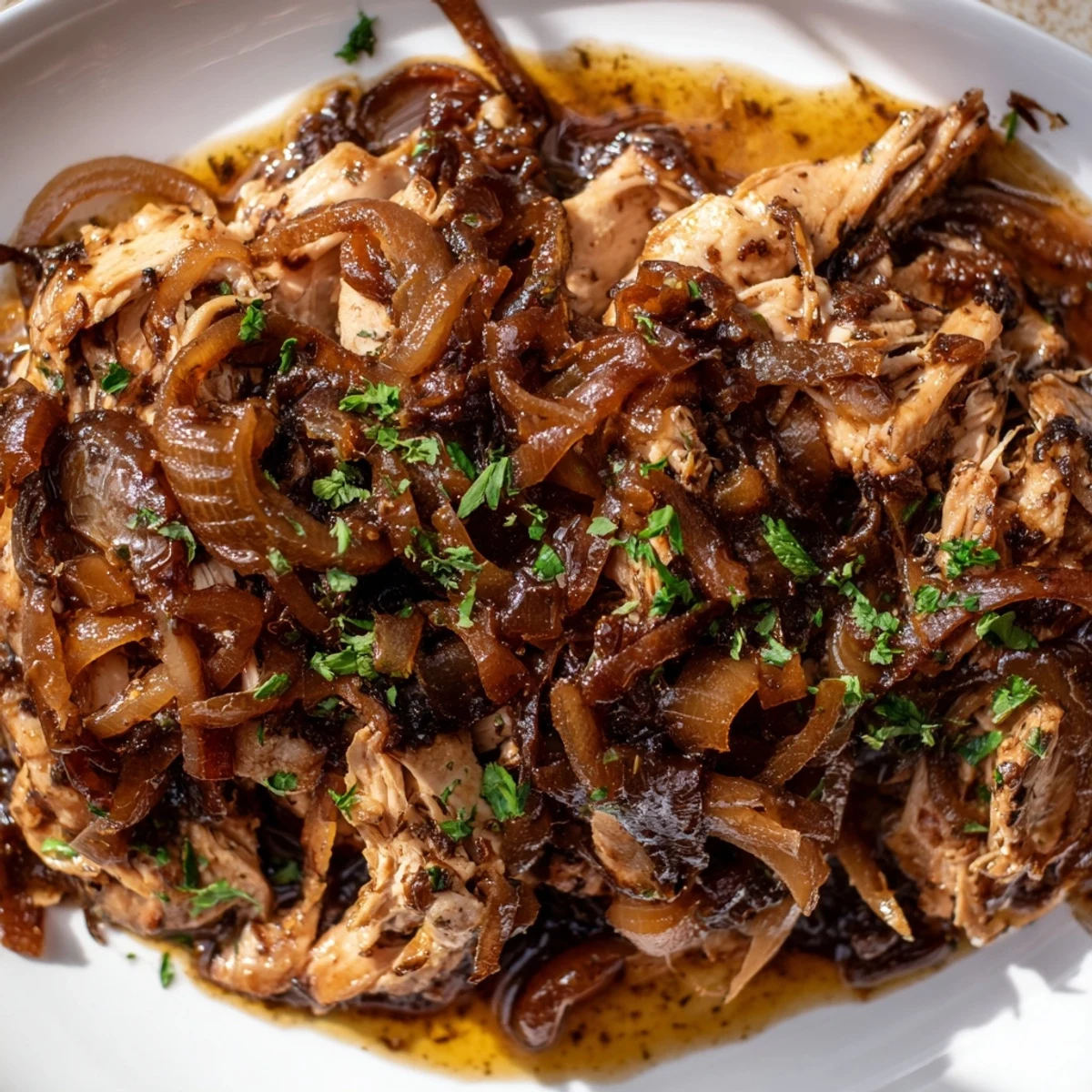 Tender slow cooker balsamic chicken served over caramelized onions on a rustic plate