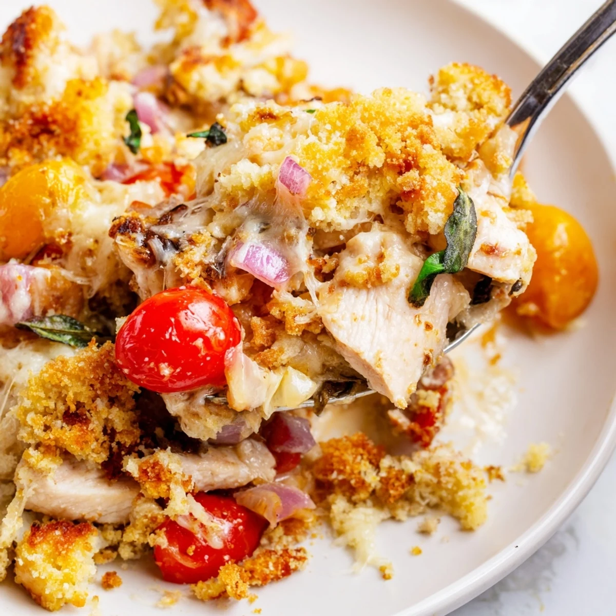 Golden bubbling chicken bruschetta casserole fresh from the oven with melted cheese