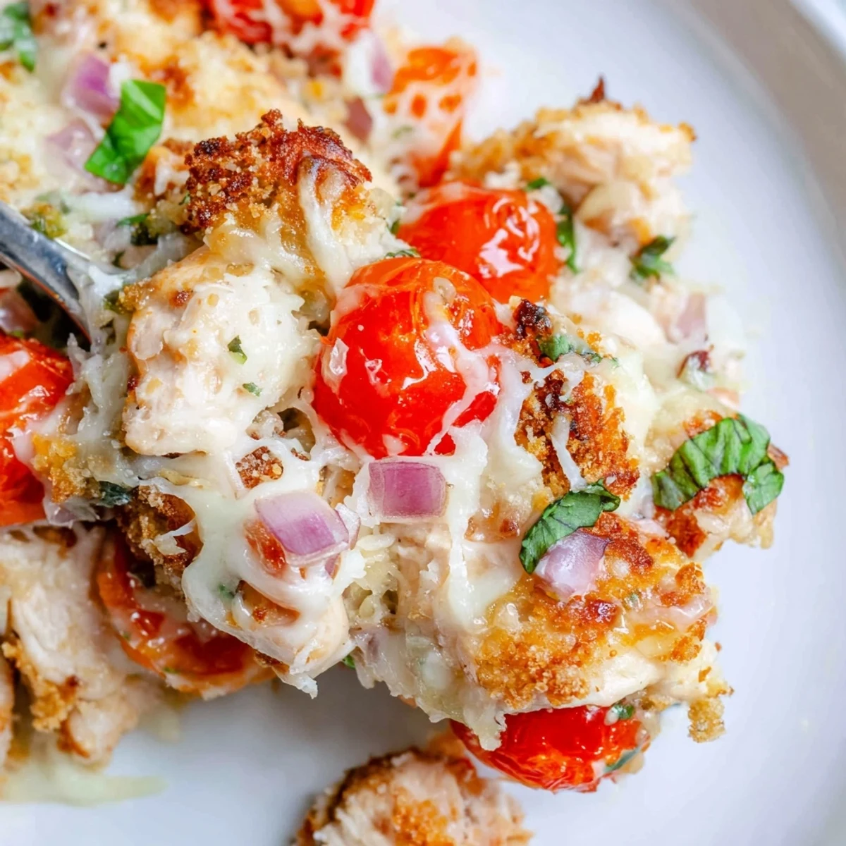 Juicy chicken bruschetta casserole topped with roasted tomatoes and a crispy breadcrumb crust