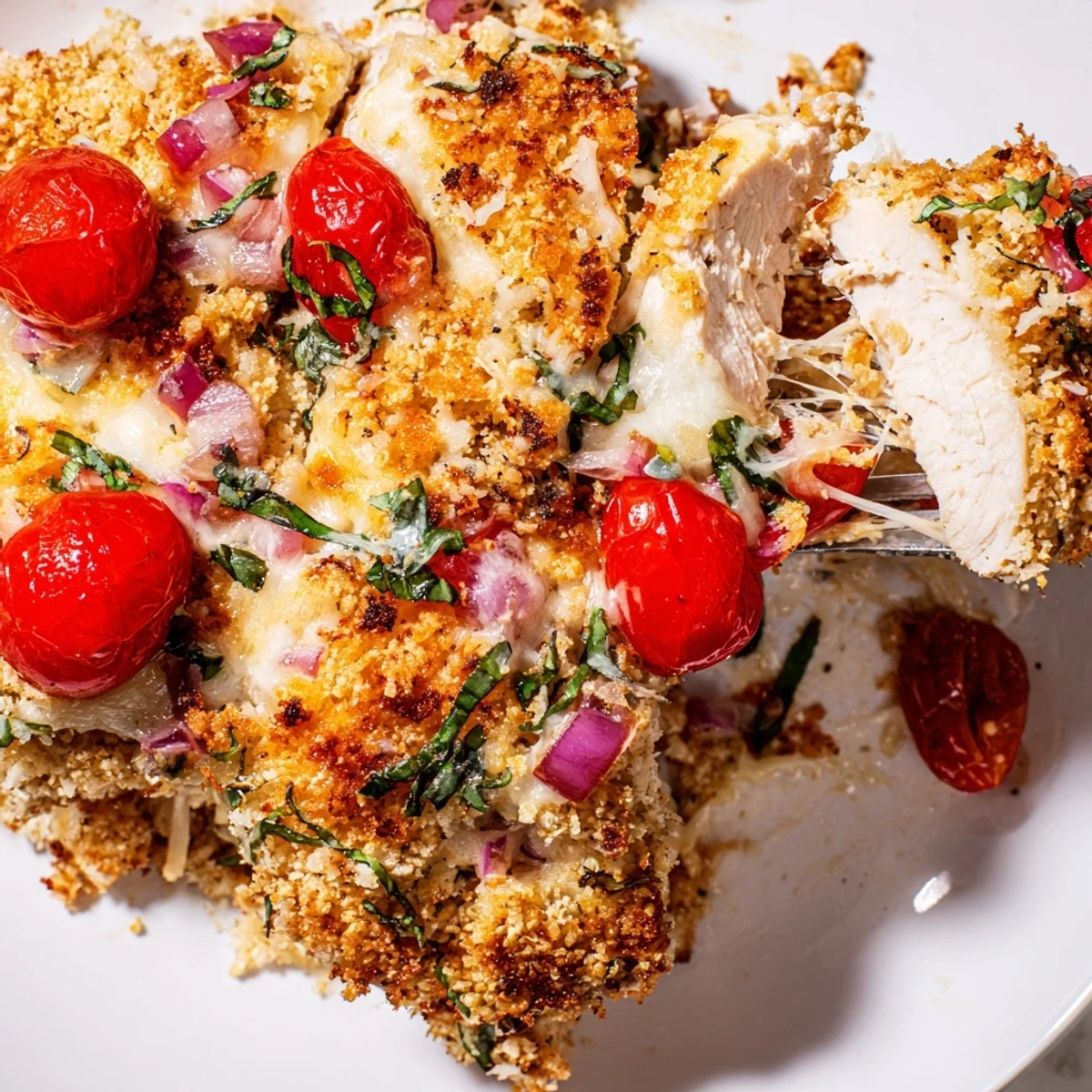 Steaming chicken bruschetta casserole garnished with fresh basil and melty mozzarella