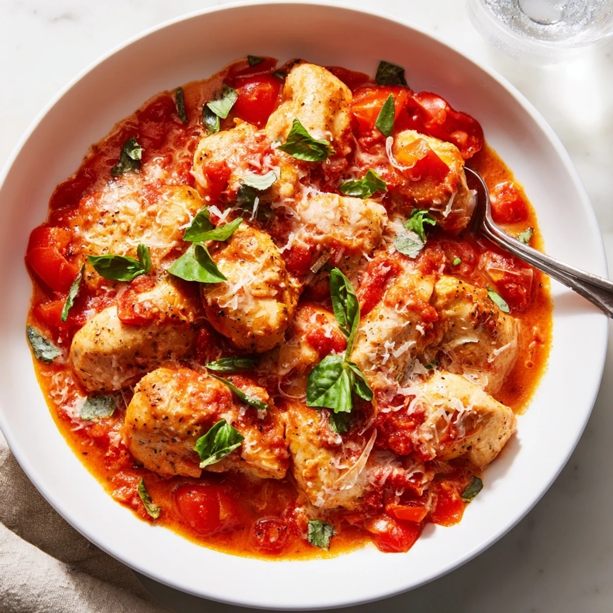 Tender Chicken Pomodoro Delight simmering in vibrant crushed tomato sauce ready to serve