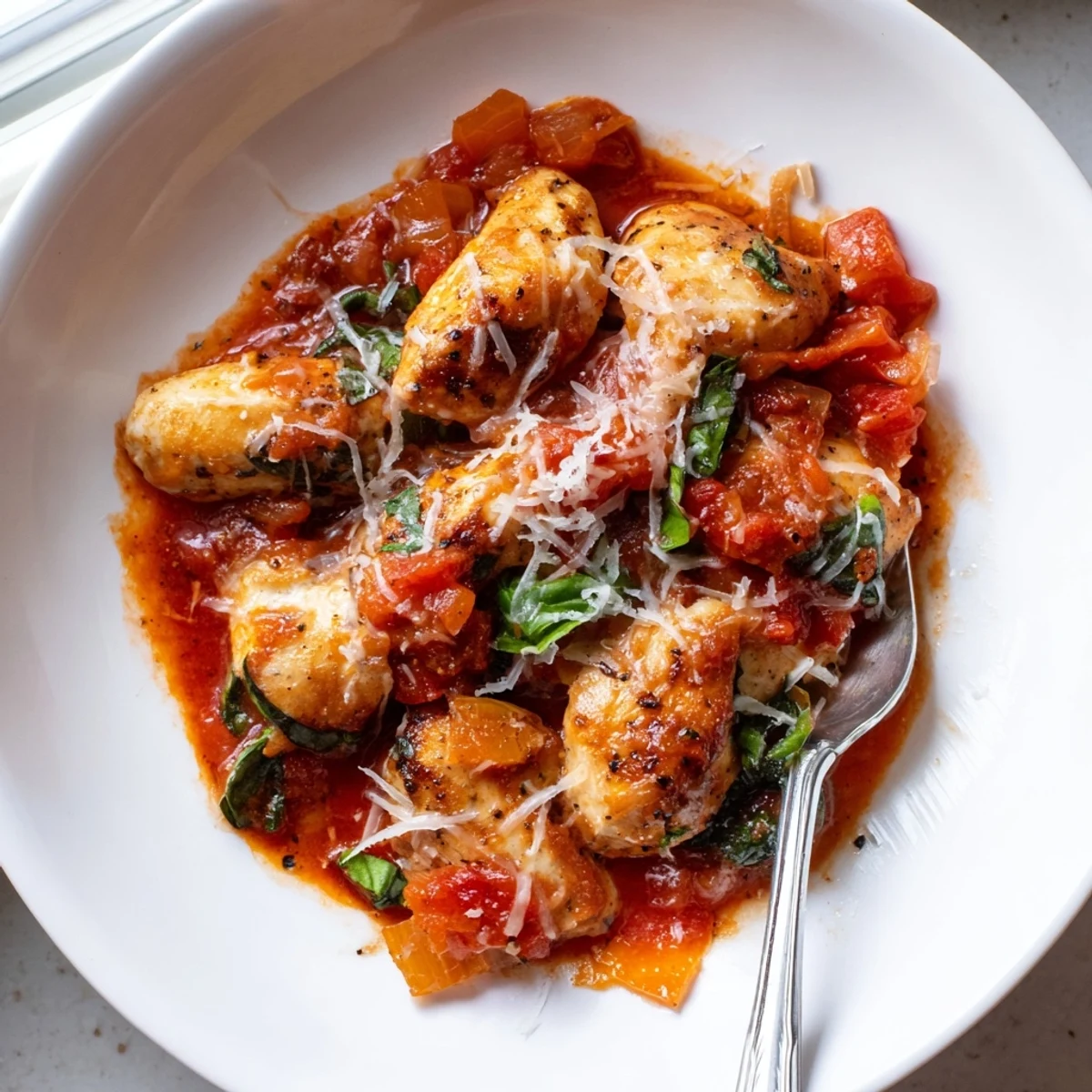 Golden seared Chicken Pomodoro Delight nestled in rich, bubbling tomato basil sauce