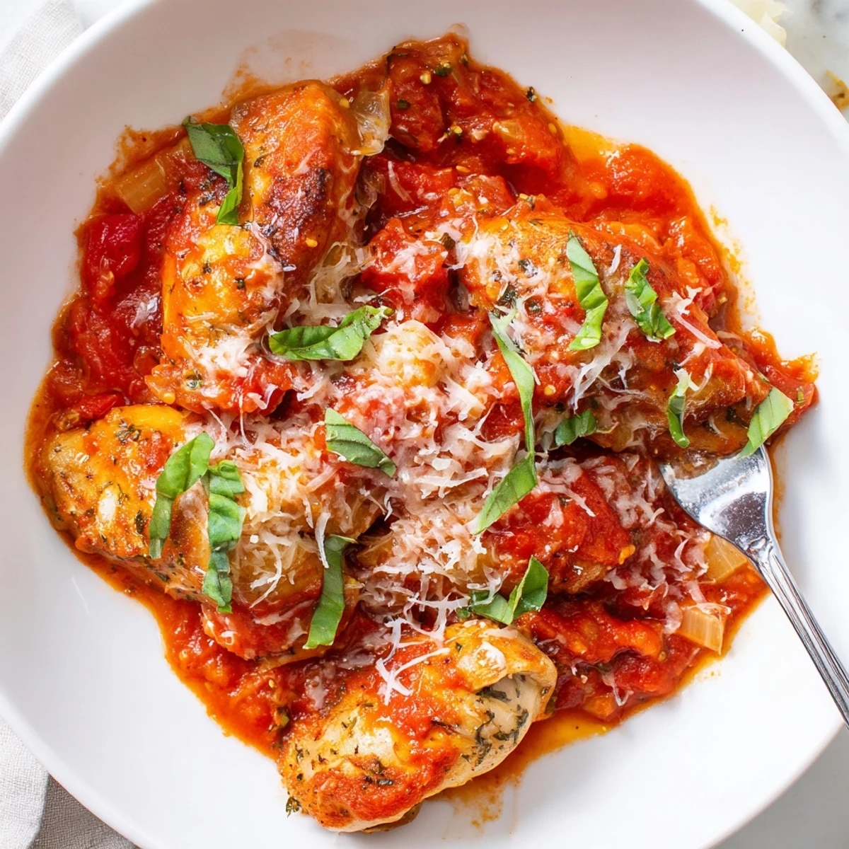 Succulent Chicken Pomodoro Delight topped with melted Parmesan and fragrant torn basil