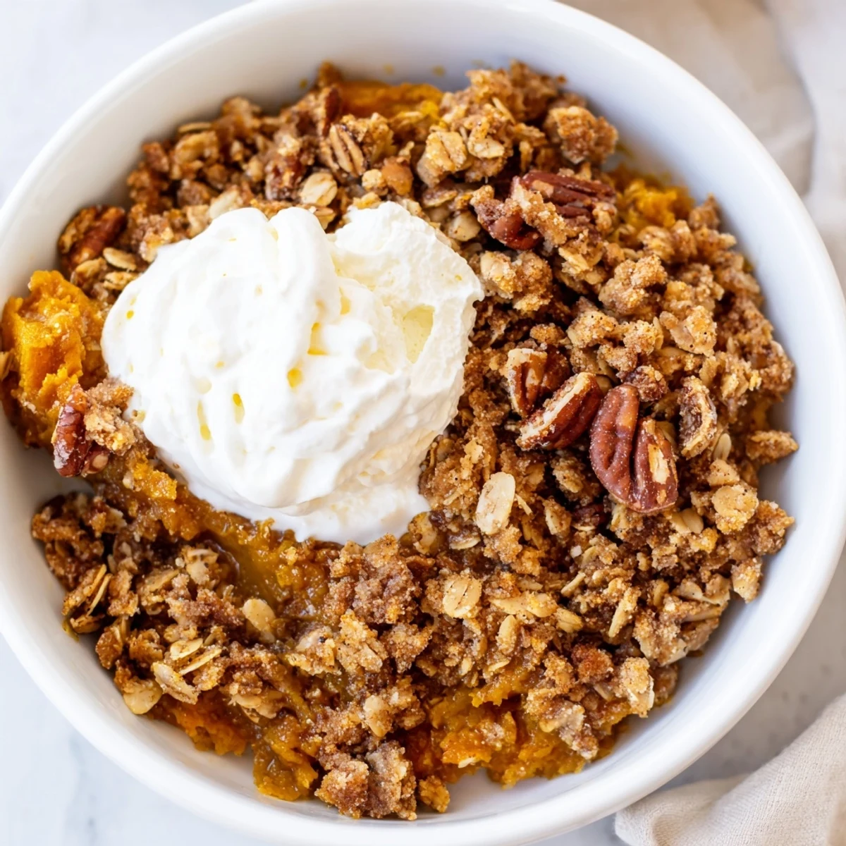Creamy pumpkin pie crisp with golden oat pecan topping fresh from the oven