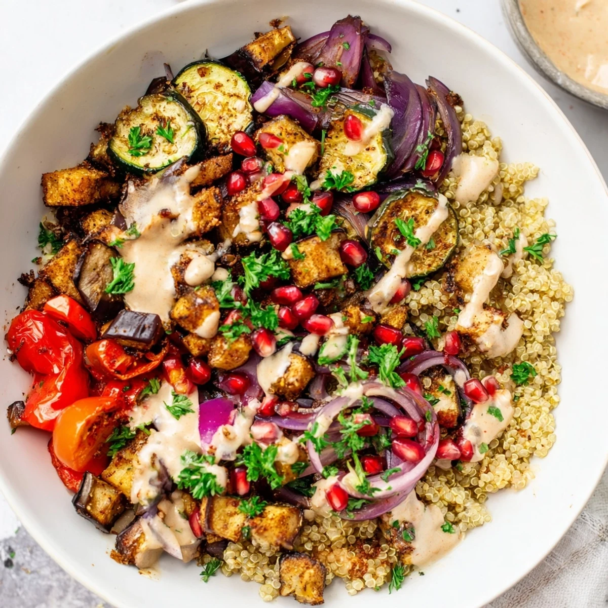 Golden roasted eggplant grain bowl topped with fresh vegetables and creamy tahini dressing