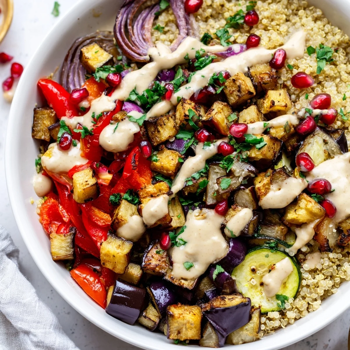 Vibrant eggplant grain bowl served in a rustic dish with colorful roasted vegetables and herbs