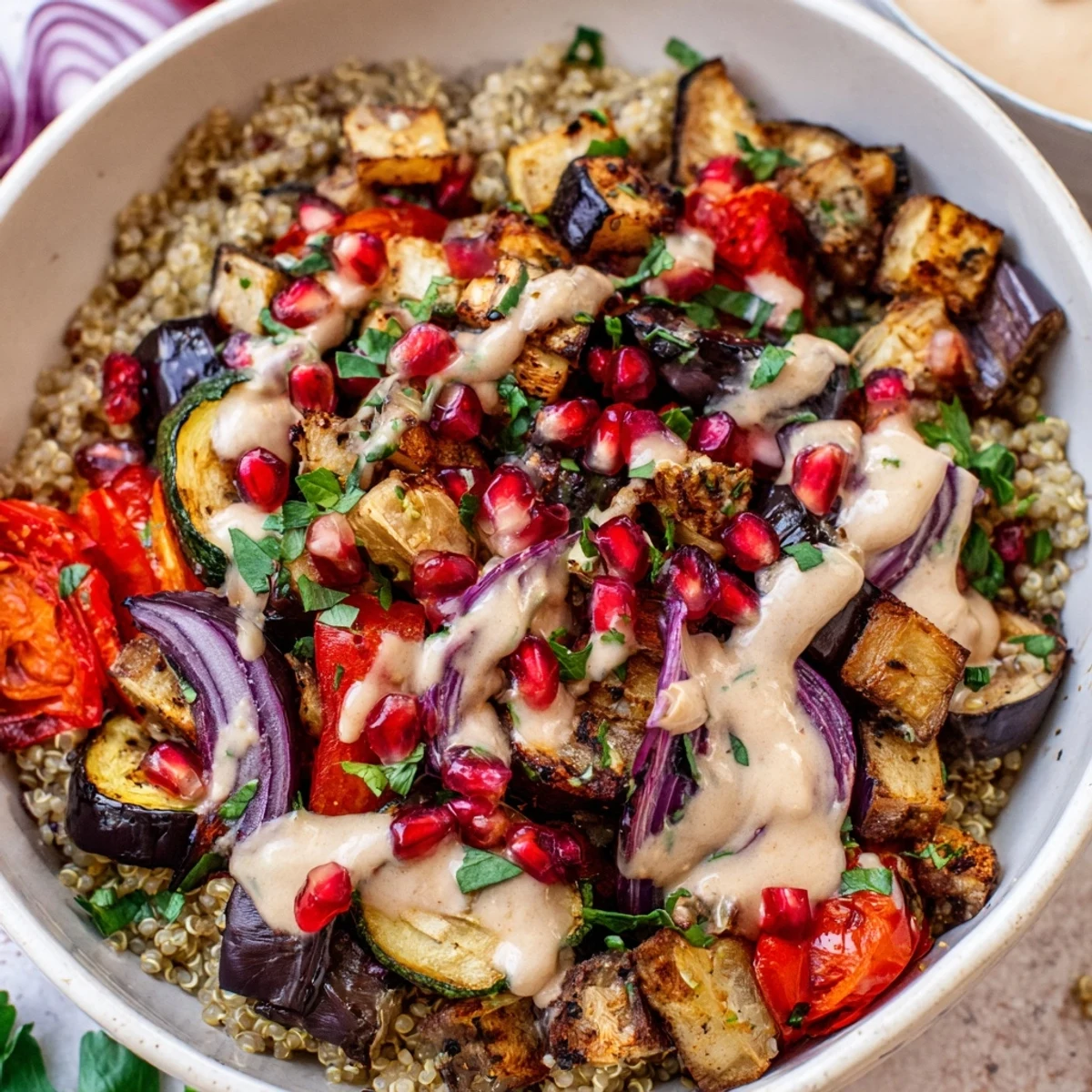 Hearty eggplant grain bowl featuring caramelized vegetables, fluffy quinoa, and zesty tahini drizzle