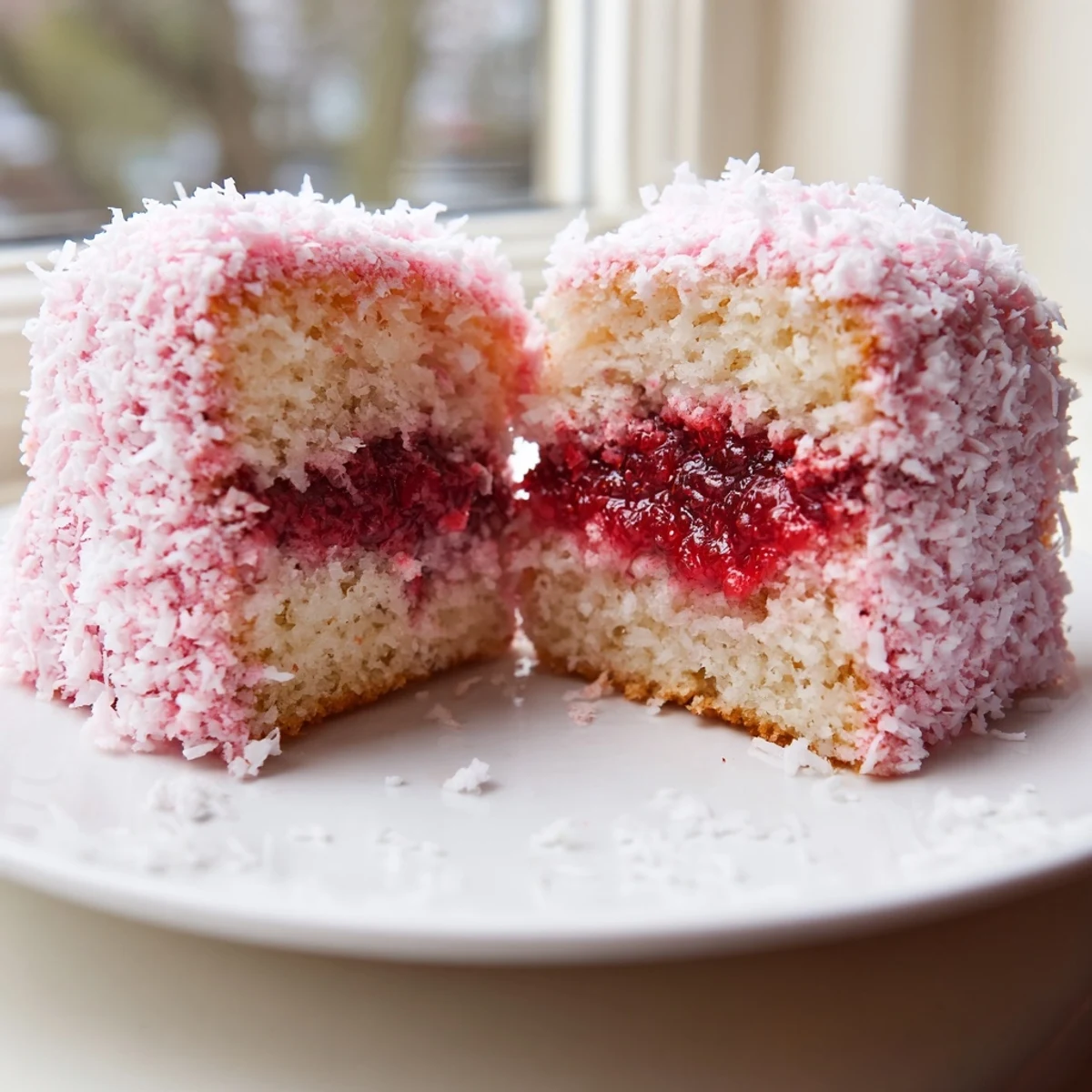 Frosty Raspberry Lamingtons squares coated in shredded white coconut on parchment paper
