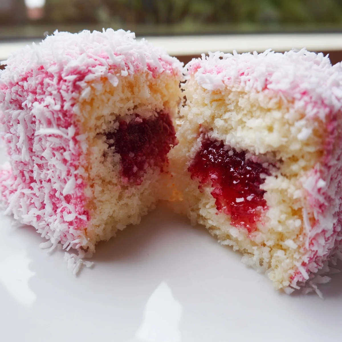 Golden sponge cake cubes drizzled in magenta raspberry syrup resting on a wire cooling rack
