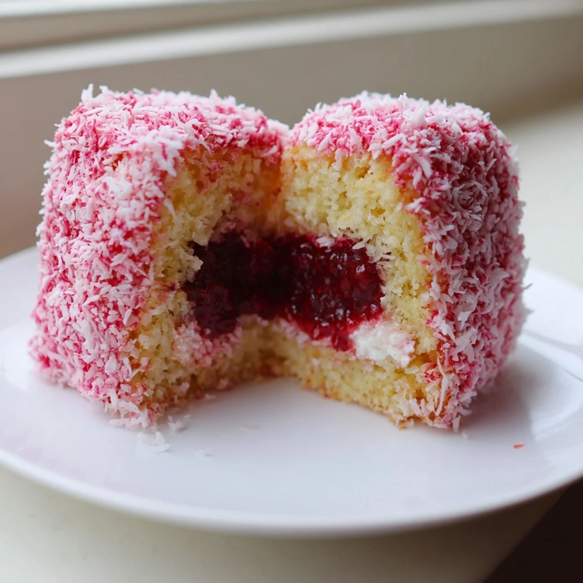Pink-hued Raspberry Lamingtons sliced open revealing layers of ruby jam pillowy cream and toasted coconut