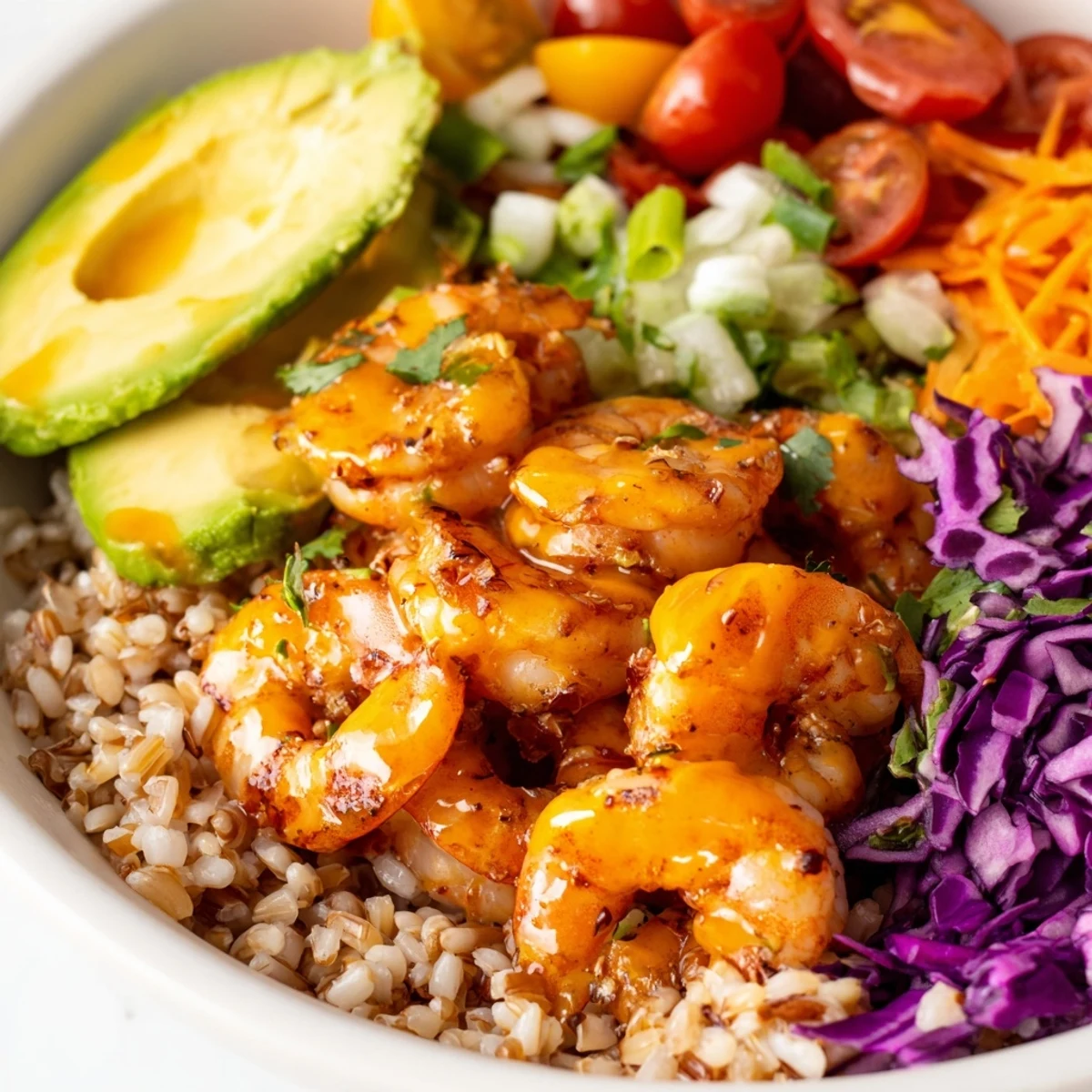 Golden seared shrimp grain bowl topped with avocado, tomatoes, and lime dressing
