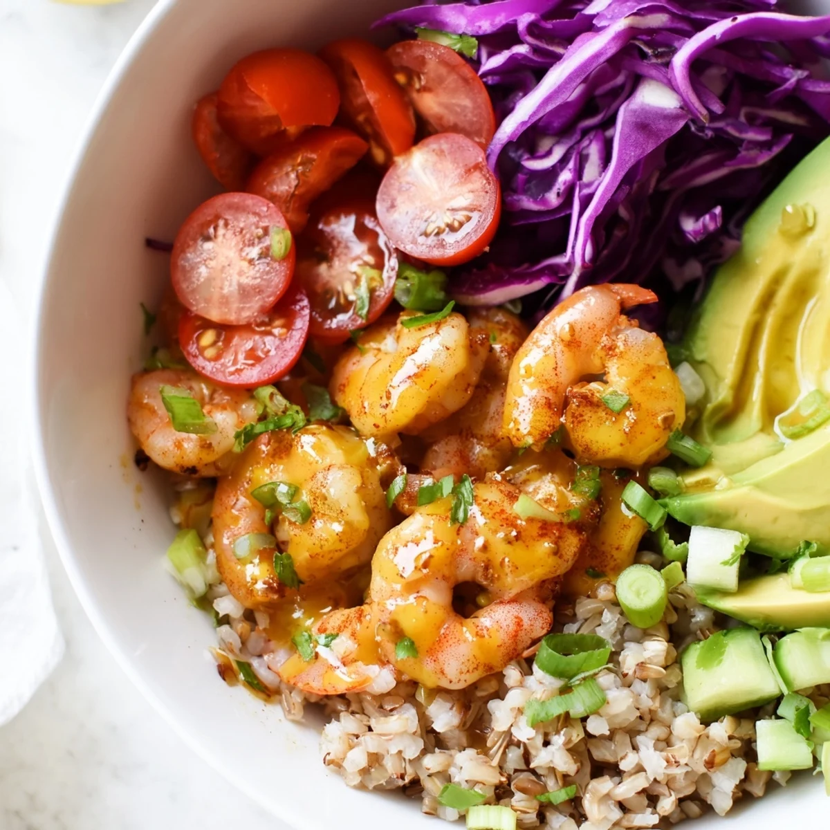 Smoky paprika shrimp grain bowl drizzled with honey mustard dressing and bright vegetables