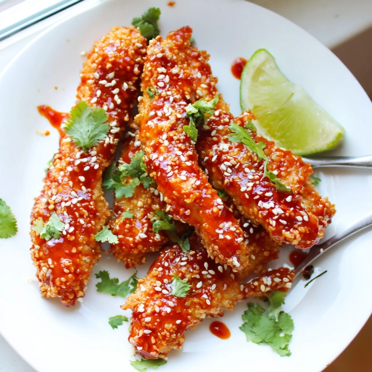 Crispy golden Thai sticky chicken fingers drizzled with a sweet, glossy sauce on a rustic platter