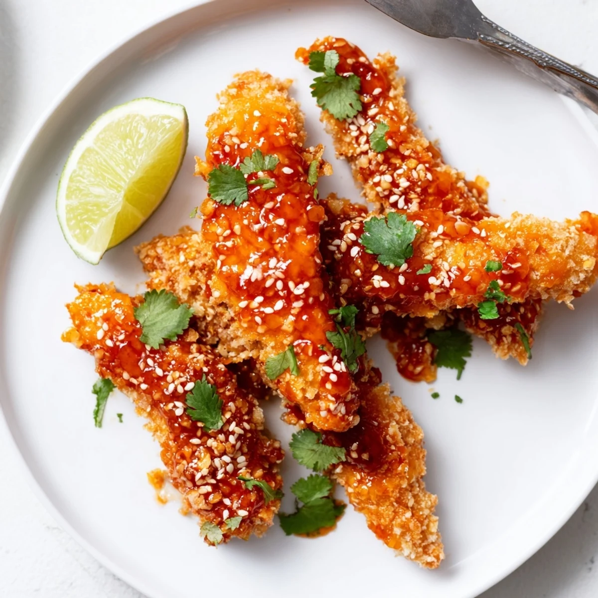 Juicy Thai sticky chicken fingers coated in a vibrant chili glaze, scattered with sesame seeds and fresh cilantro