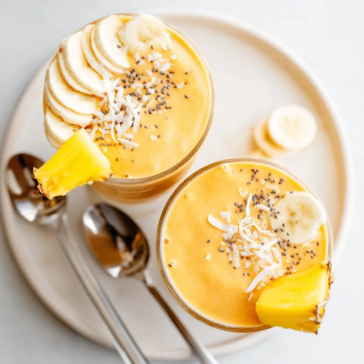 Tropical Sunrise Protein Smoothie Recipe in tall glass, creamy mango-pineapple swirl