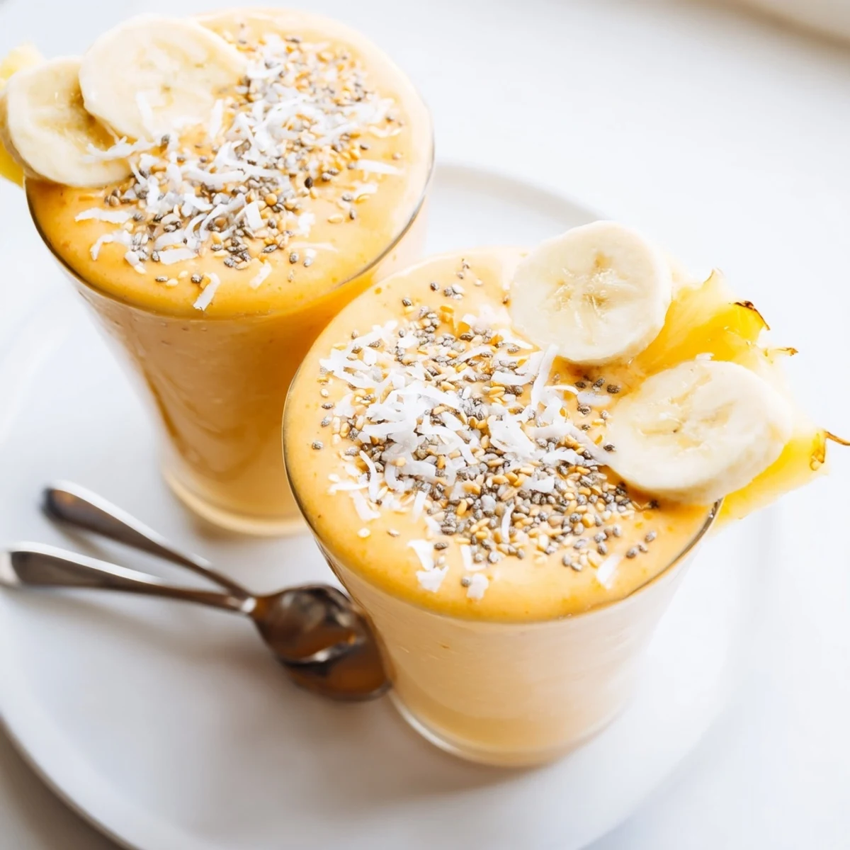 Chilled Tropical Sunrise Protein Smoothie Recipe garnished with banana slice and toasted coconut