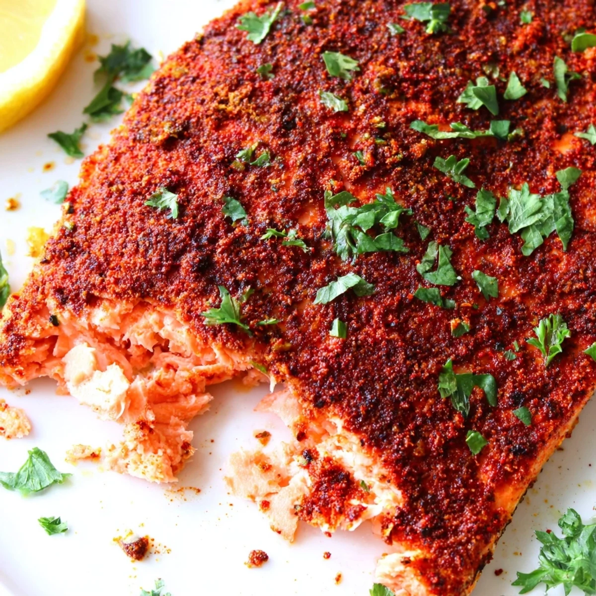 Golden Oven Baked Cajun Salmon fillets coated in spicy seasoning on a parchment-lined baking sheet