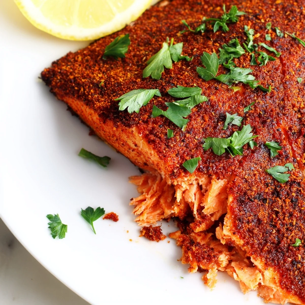 Tender Oven Baked Cajun Salmon garnished with fresh parsley and bright lemon wedges