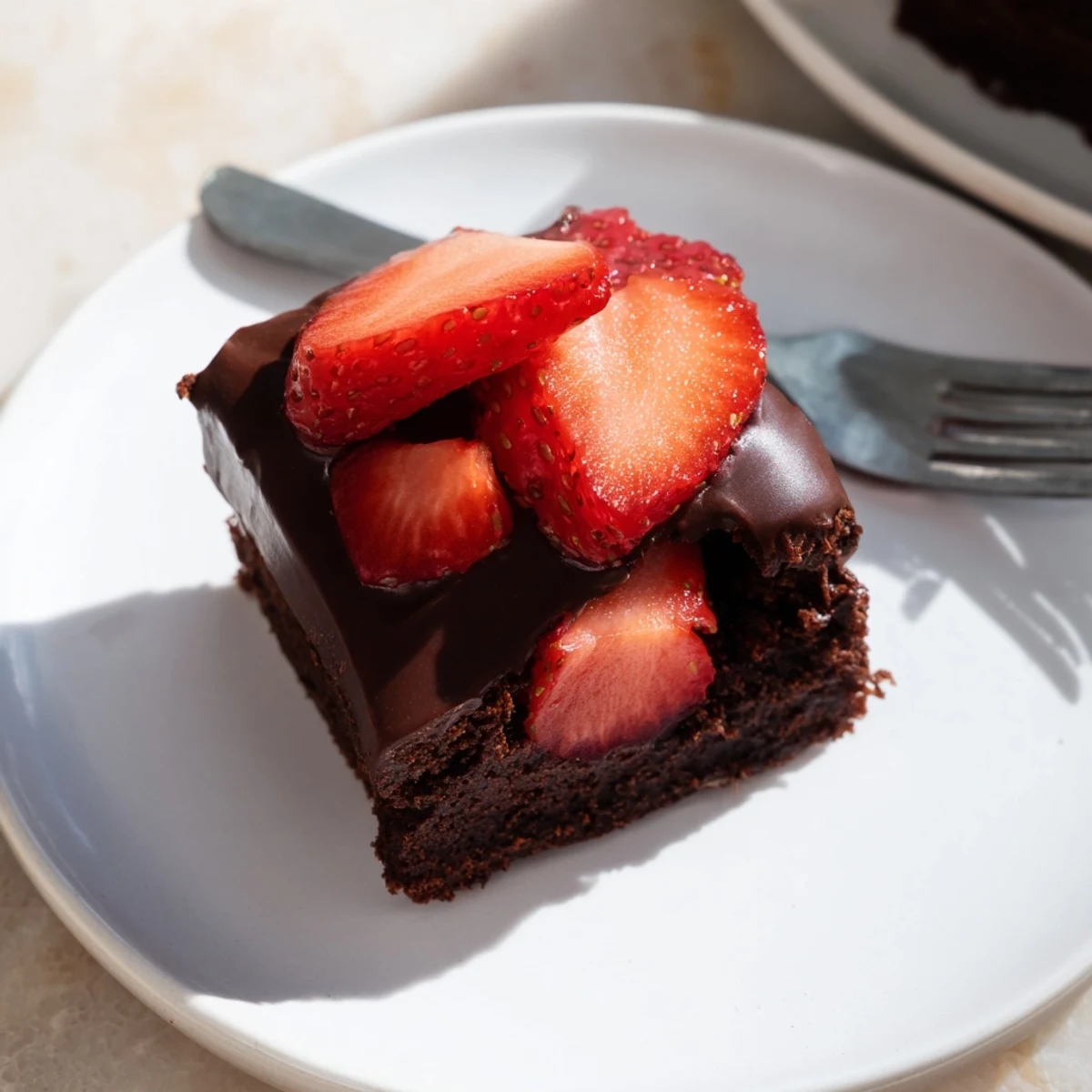 Chocolate covered strawberry brownies with glossy ganache drizzled over fresh ripe berries