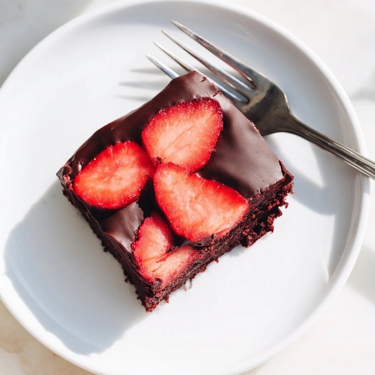 Decadent chocolate covered strawberry brownies nestled in parchment with a crisp chocolate shell