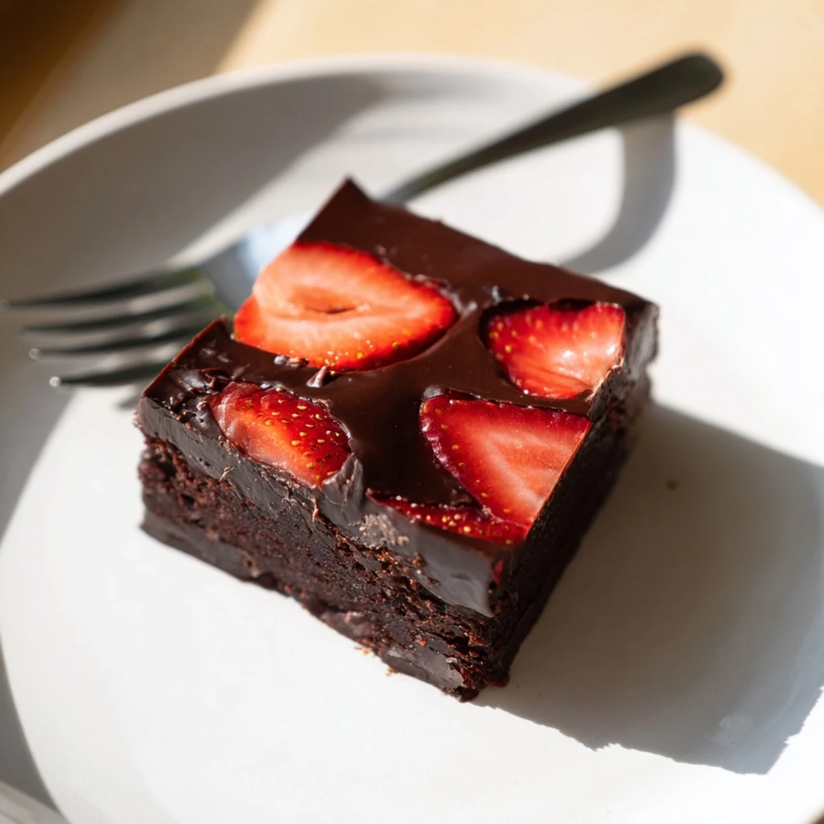 Fudgy chocolate covered strawberry brownies sliced into rich squares topped with juicy strawberries