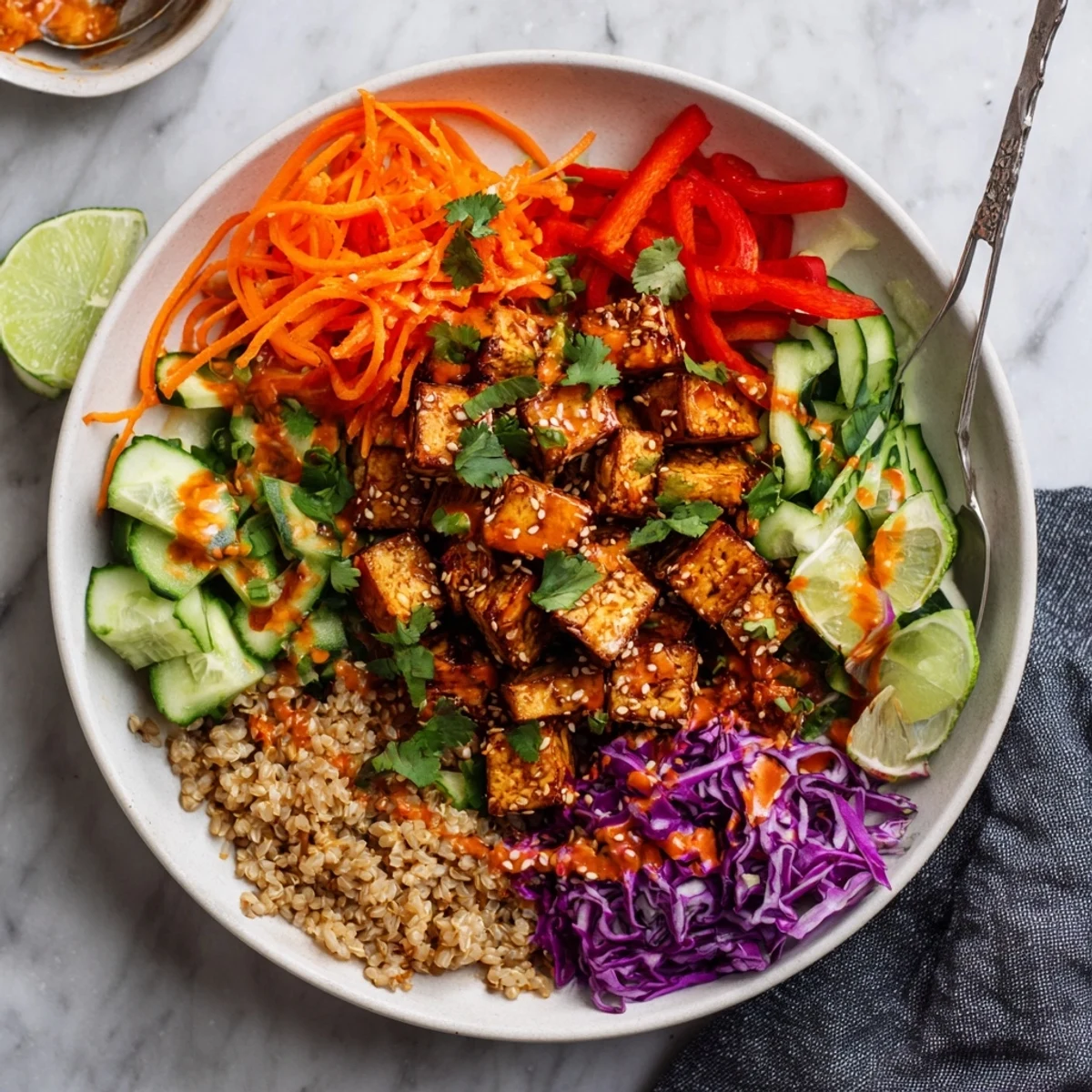 Golden crispy spicy tofu grain bowl topped with colorful fresh vegetables and sesame seeds