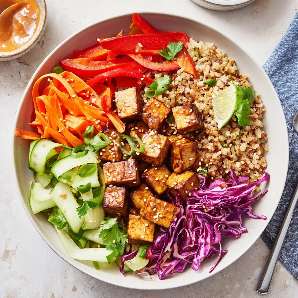 Steaming spicy tofu grain bowl drizzled with zesty sauce over wholesome brown rice