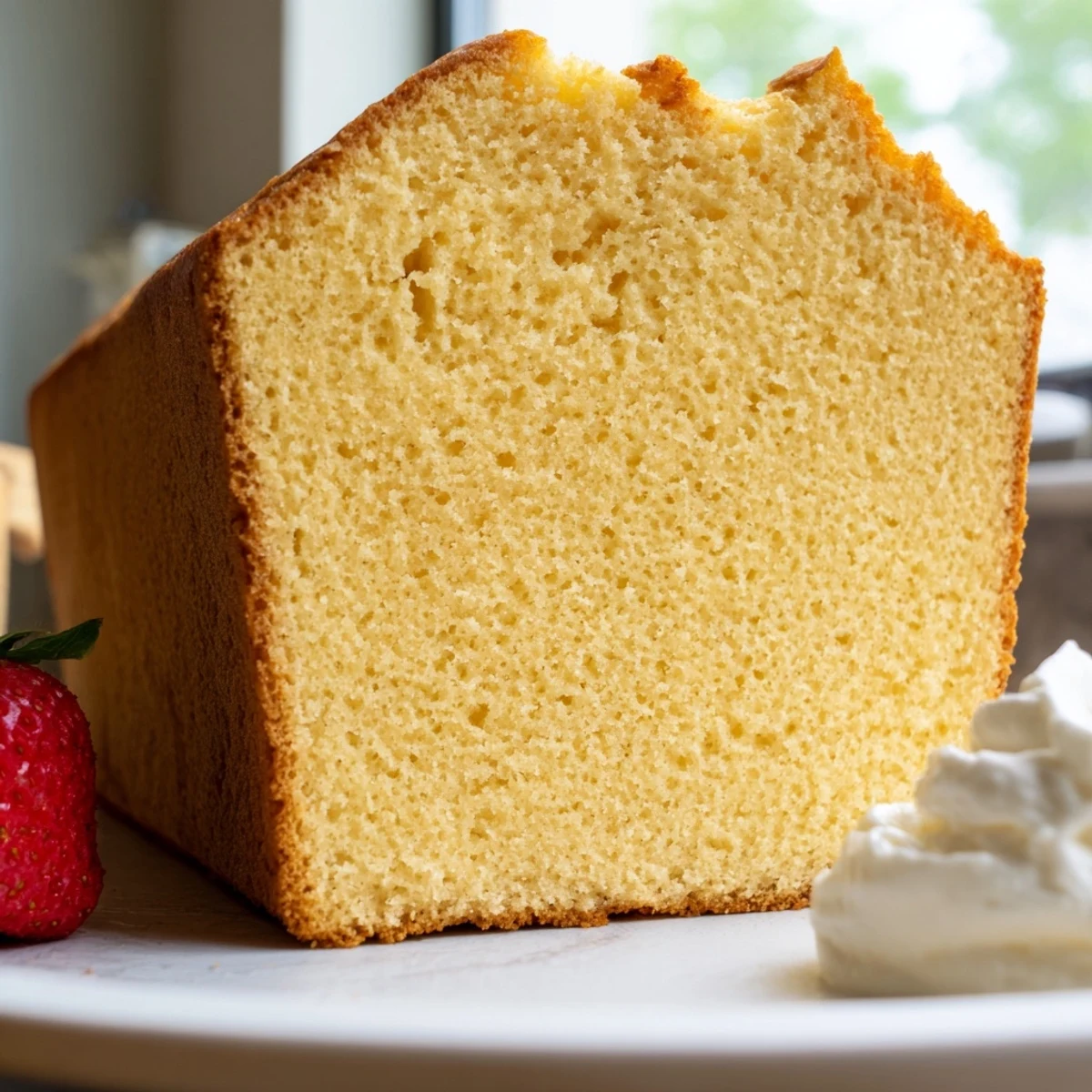 Golden pound cake slice with a tender crumb served on a white plate